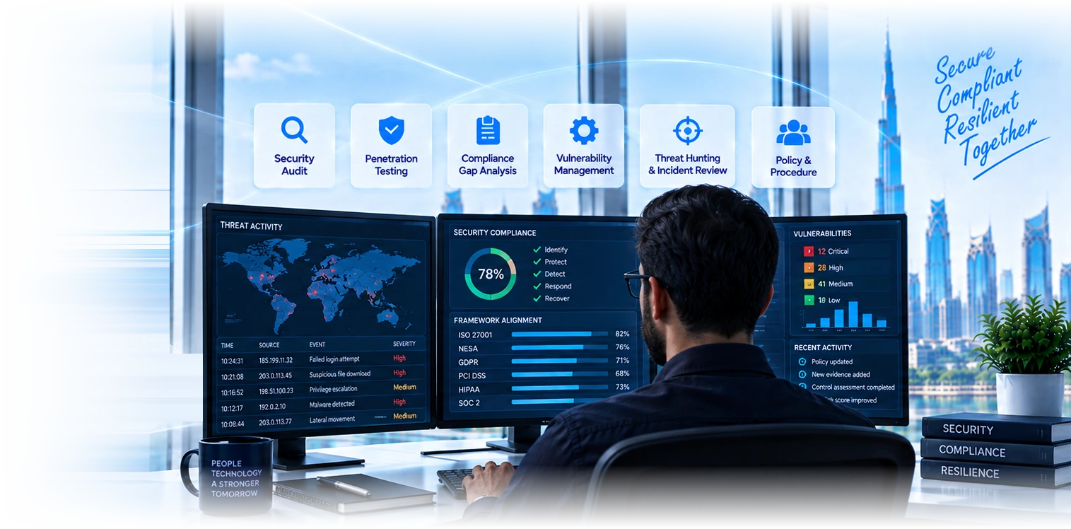 An analyst at a multi-monitor desk reviewing threat activity, security compliance against ISO 27001, NESA, GDPR, PCI DSS, HIPAA and SOC 2, and a vulnerability breakdown, with audit, penetration testing, gap analysis, vulnerability, threat hunting and policy marks above, against a Dubai skyline.