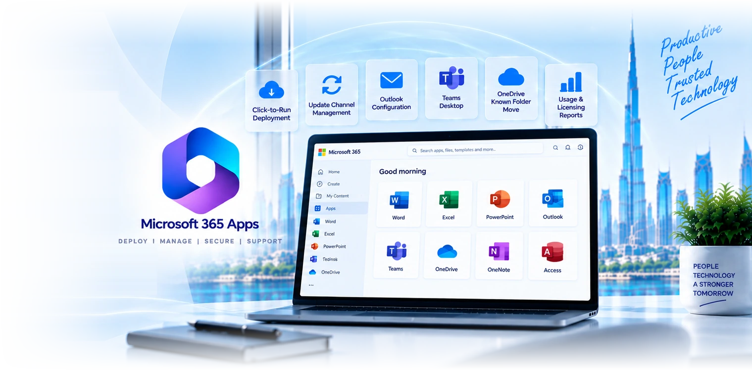 The Microsoft 365 apps portal on a laptop showing Word, Excel, PowerPoint, Outlook, Teams, OneDrive, OneNote and Access, with click-to-run, update channel, Outlook configuration, Teams, OneDrive and reporting marks above it, against a Dubai skyline.