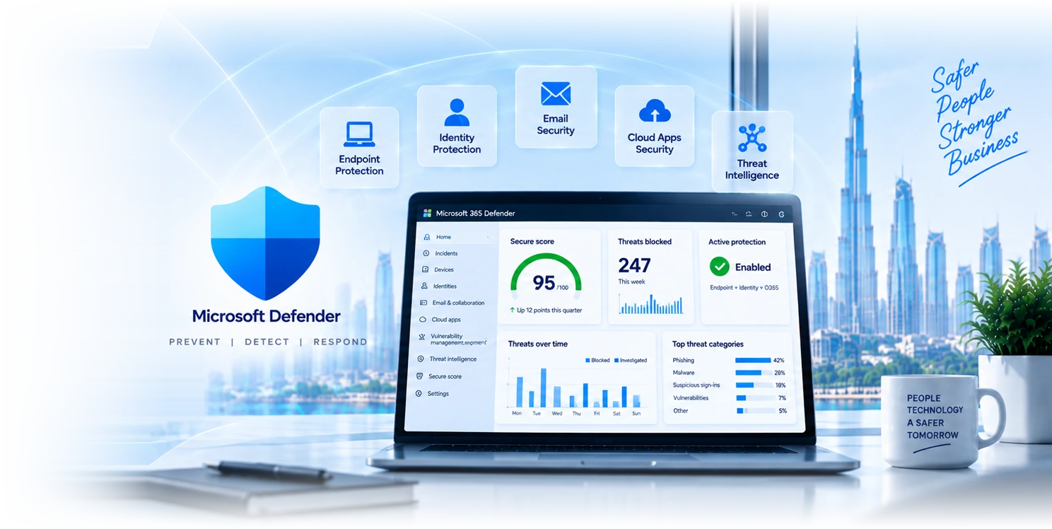 The Microsoft 365 Defender portal on a laptop showing secure score, threats blocked and active protection, with endpoint, identity, email, cloud apps and threat intelligence marks above it, against a Dubai skyline.
