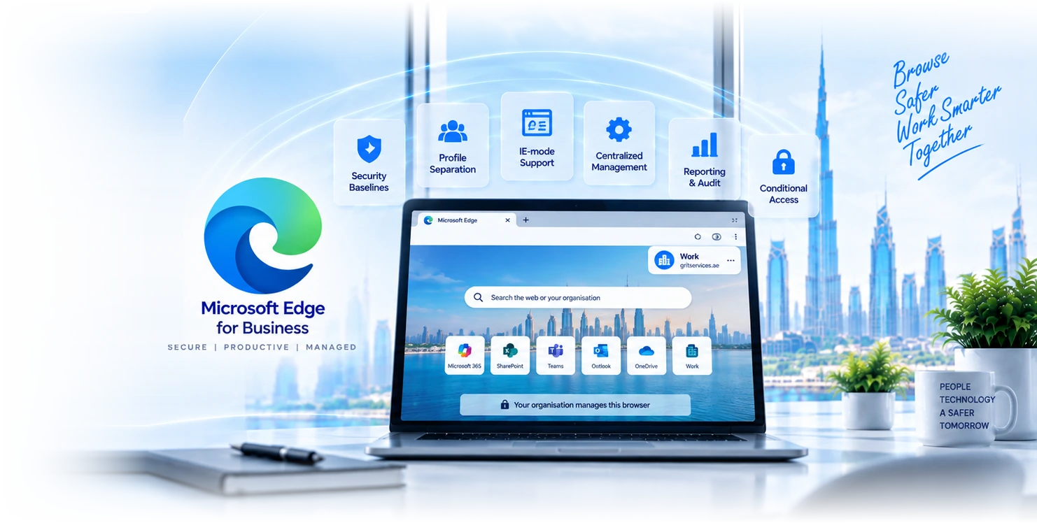 Microsoft Edge for Business on a laptop showing a managed work profile and organisation start page, with security baseline, profile separation, IE mode, management, reporting and conditional access marks above it, against a Dubai skyline.