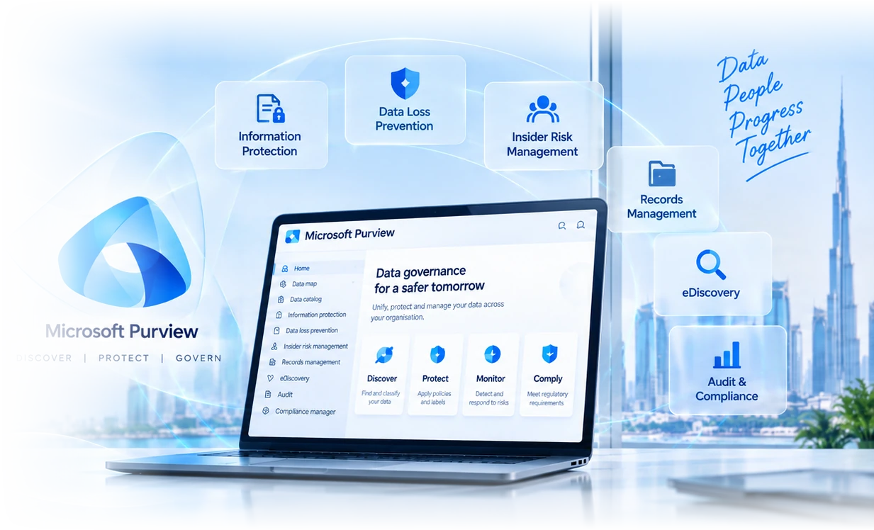 Microsoft Purview on a laptop, surrounded by information protection, data loss prevention, insider risk, records management, eDiscovery and audit marks, against a Dubai skyline.