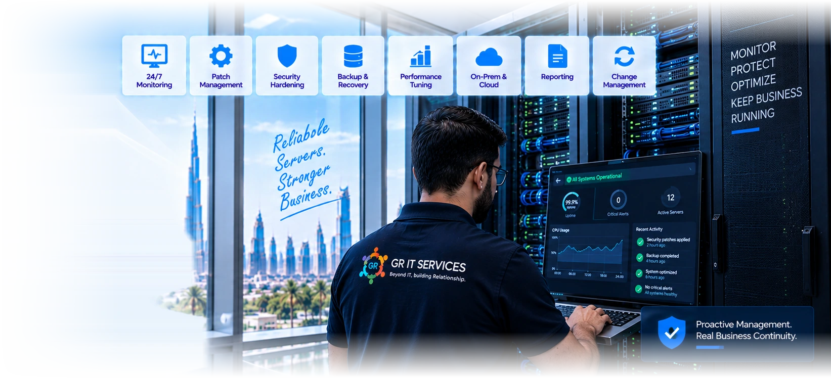 A GR IT Services engineer at a server rack in Dubai reviewing an all-systems-operational dashboard with uptime, critical alerts, active servers and recent patch activity, with monitoring, patching, hardening, backup, tuning, hybrid, reporting and change management marks above, against a Dubai skyline.